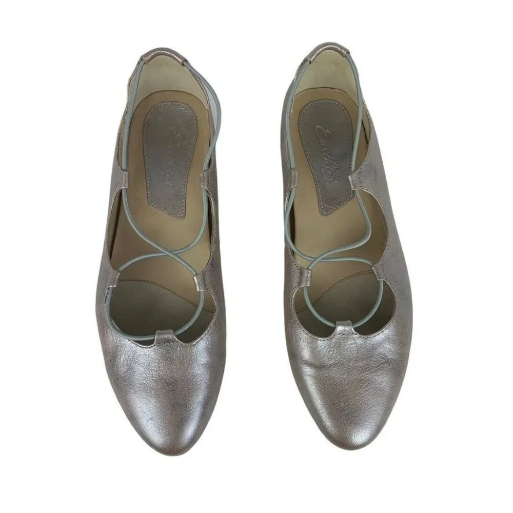 Earthies Essen Silver Criss Cross Leather Ballet Flats Metallic Almond Toe 10B‎